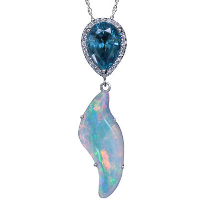 14K White Gold Australian Opal/Blue Zircon/Diamond Pendant 14K White Gold Australian Opal/Blue Zircon/Diamond Pendant