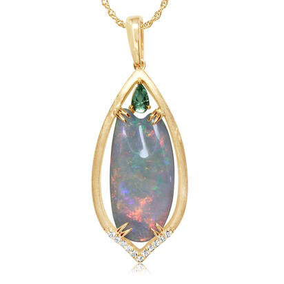 14K White Gold Australian Opal/Mint Garnet/Diamond Pendant 14K White Gold Australian Opal/Mint Garnet/Diamond Pendant