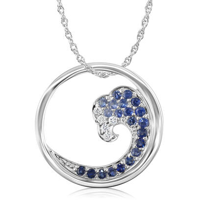 14K White Gold Graduated Blue Sapphire/Diamond Tipped Wave 20mm Pendant 14K White Gold Graduated Blue Sapphire/Diamond Tipped Wave 20mm Pendant
