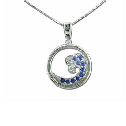 14K White Gold Nature Graduated Blue Sapphire/Diamond Tip Wave 15mm Pendant 14K White Gold Nature Graduated Blue Sapphire/Diamond Tip Wave 15mm Pendant