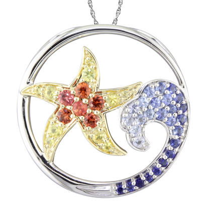 Sterling Silver /14K Yellow Gold Graduated Blue Sapphire/Yellow & Orange Sapphire Starfish Pendant Sterling Silver /14K Yellow Gold Graduated Blue Sapphire/Yellow & Orange Sapphire Starfish Pendant