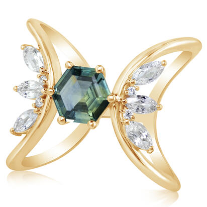 14K Yellow Gold 6mm Hexagon Montana Sapphire/White Sapphire/Diamond Ring 14K Yellow Gold 6mm Hexagon Montana Sapphire/White Sapphire/Diamond Ring