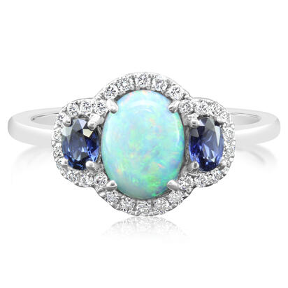 14K White Gold Australian Opal/Tanzanite/Diamond Ring ,H 14K White Gold Australian Opal/Tanzanite/Diamond Ring ,H