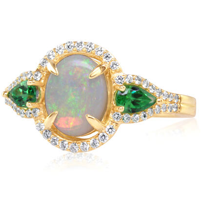 14K Yellow Gold Australian Opal/Tsavorite/Diamond Ring 14K Yellow Gold Australian Opal/Tsavorite/Diamond Ring
