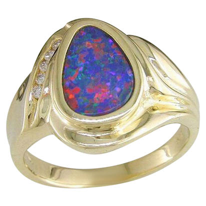 14K Gold Australian Opal Doublet Ring with Diamond 14K Gold Australian Opal Doublet Ring with Diamond