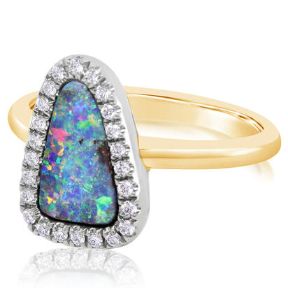 14K Yellow Gold/Ss Australian Boulder Opal/Diamond Ring with Blackened Silver Diamond Halo 14K Yellow Gold/Ss Australian Boulder Opal/Diamond Ring with Blackened Silver Diamond Halo