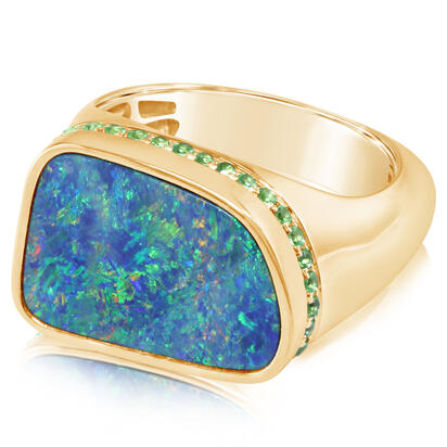 14K Yellow Gold Australian Opal Doublet/Tsavorite Ring , N' 14K Yellow Gold Australian Opal Doublet/Tsavorite Ring , N'