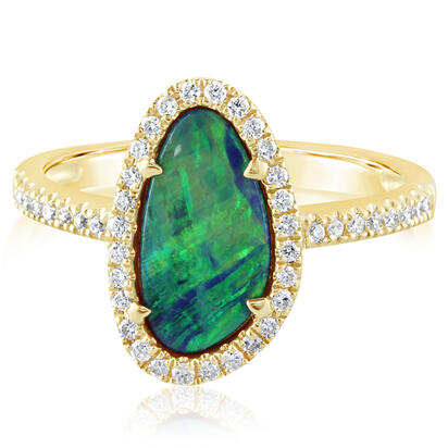 14K Yellow Gold Australian Opal Doublet/Diamond Ring 14K Yellow Gold Australian Opal Doublet/Diamond Ring