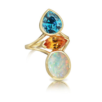 18K Yellow Gold Australian Opal/Blue Zircon/Spessartite Ring ,H 18K Yellow Gold Australian Opal/Blue Zircon/Spessartite Ring ,H