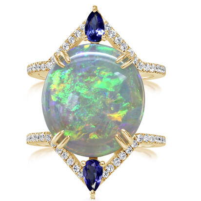 18K Yellow Gold Australian Opal/Tanzanite/Diamond Ring 18K Yellow Gold Australian Opal/Tanzanite/Diamond Ring