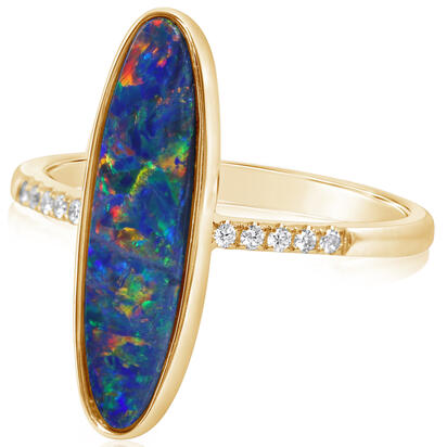 14K Yellow Gold Australian Opal Doublet/Diamond Ring , N' 14K Yellow Gold Australian Opal Doublet/Diamond Ring , N'