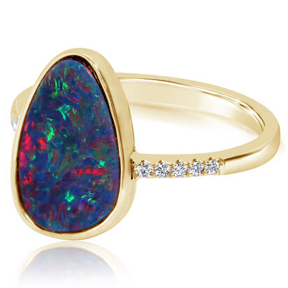 14K Yellow Gold Australian Opal Doublet/Diamond Ring , N' 14K Yellow Gold Australian Opal Doublet/Diamond Ring , N'