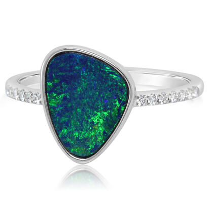 14K White Gold Australian Opal Doublet/Diamond Ring , N' 14K White Gold Australian Opal Doublet/Diamond Ring , N'
