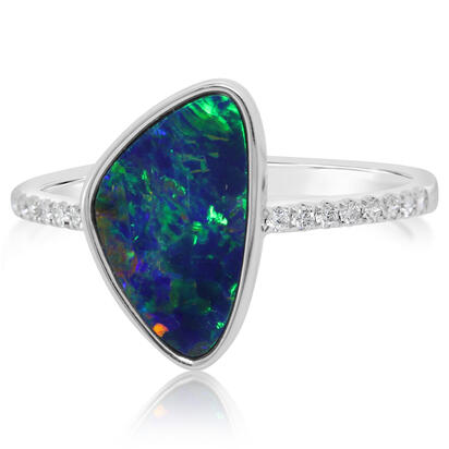 14K White Gold Australian Opal Doublet/Diamond Ring , N' 14K White Gold Australian Opal Doublet/Diamond Ring , N'