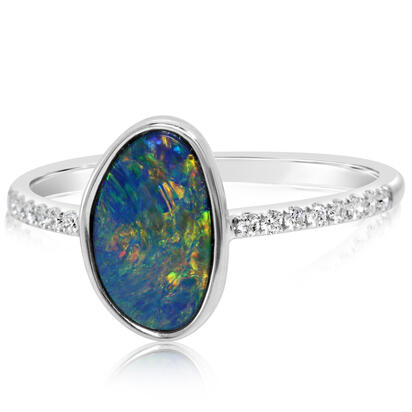 14K White Gold Australian Opal Doublet/Diamond Ring , N' 14K White Gold Australian Opal Doublet/Diamond Ring , N'