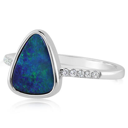14K White Gold Australian Opal Doublet/Diamond Ring , N' 14K White Gold Australian Opal Doublet/Diamond Ring , N'