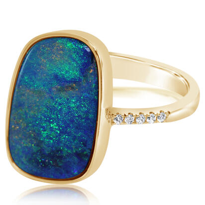 14K Yellow Gold Australian Opal Doublet/Diamond Ring , N' 14K Yellow Gold Australian Opal Doublet/Diamond Ring , N'