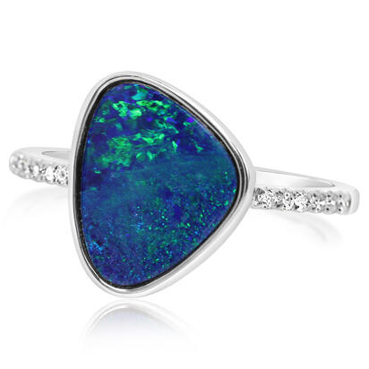 14K White Gold Australian Opal Doublet/Diamond Ring , N' 14K White Gold Australian Opal Doublet/Diamond Ring , N'