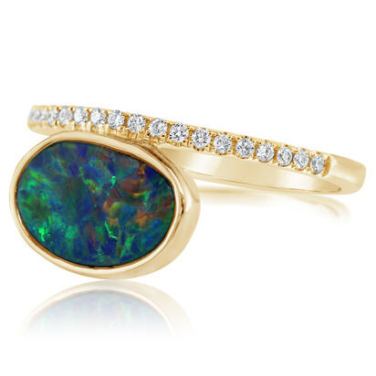 14K Yellow Gold Australian Opal Doublet/Diamond Ring , N' 14K Yellow Gold Australian Opal Doublet/Diamond Ring , N'