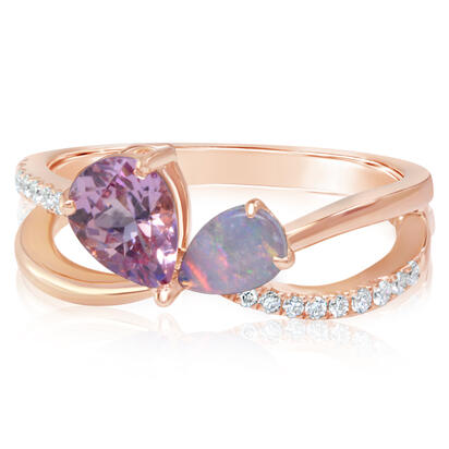 14K Rose Gold Lotus Garnet/Australian Opal/Diamond Ring 14K Rose Gold Lotus Garnet/Australian Opal/Diamond Ring