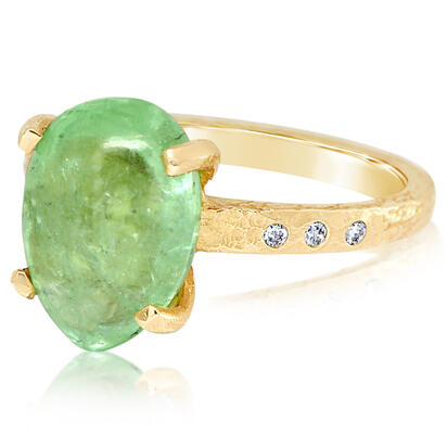 14K Yellow Gold Mint Garnet/Diamond Hammer Finish Ring 14K Yellow Gold Mint Garnet/Diamond Hammer Finish Ring