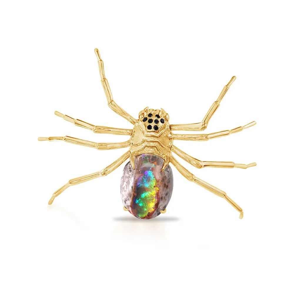 14K Yellow Gold Mexican Fire Opal/Black Diamond Spider Lapel Pin with Yellow Plated Post/Back