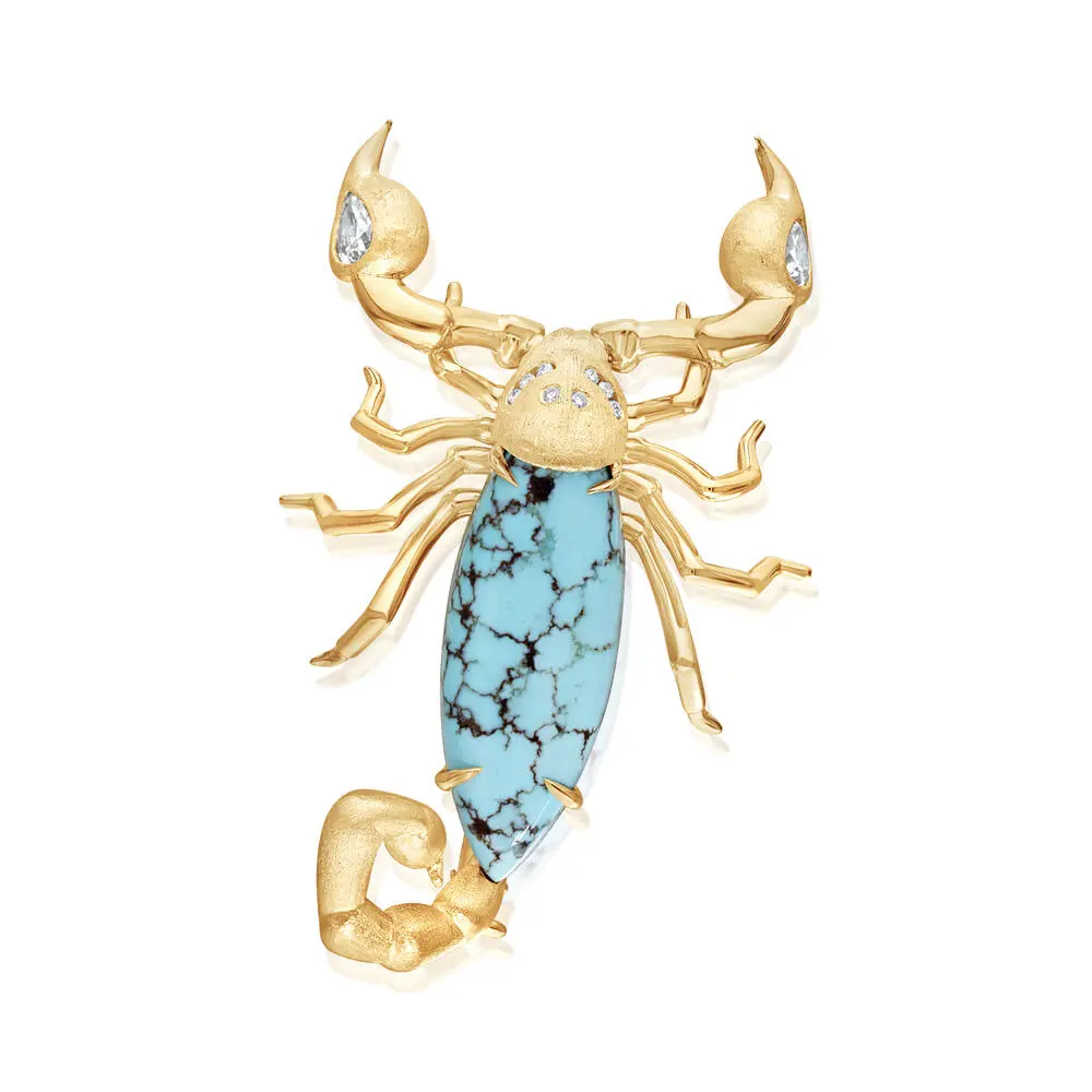14K Yellow Golden Hills Turquoise/Diamond Scorpion Brooch