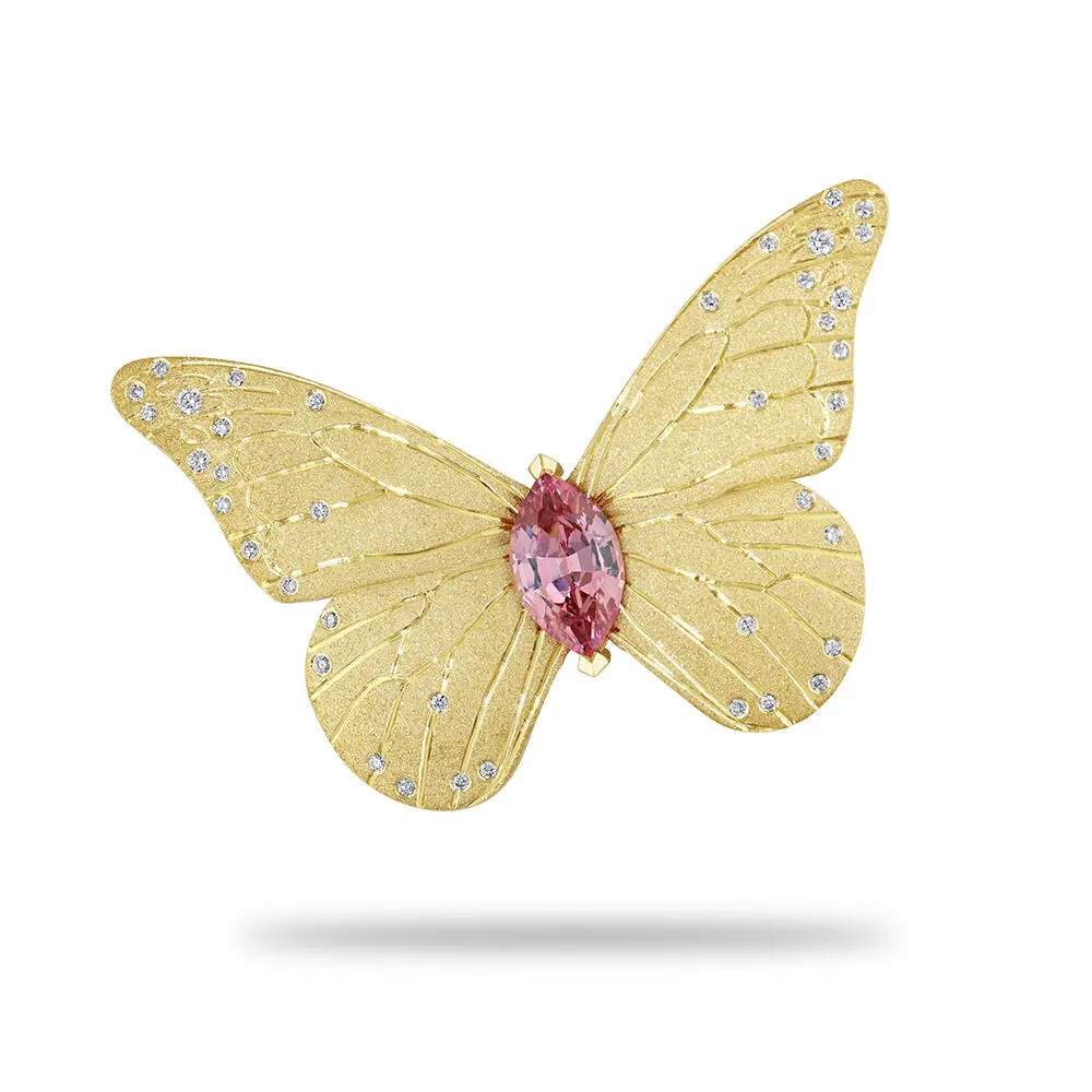 18K Yellow Gold Lotus Garnet/Diamond Butterfly Pin