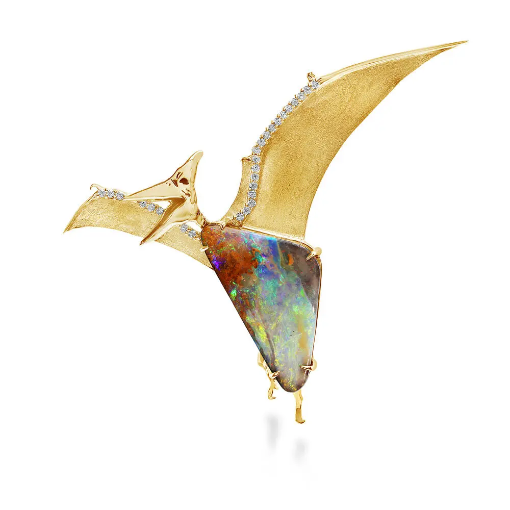 14K Yellow Gold Australian Boulder Opal/Diamond Pterodactyl Brooch 14K Yellow Gold Australian Boulder Opal/Diamond Pterodactyl Brooch