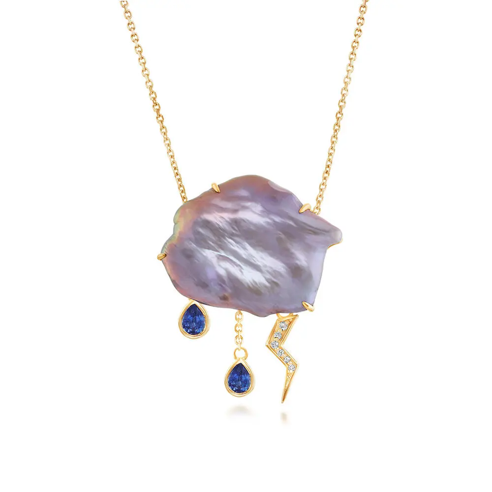 14K Yellow Gold Peach Cultured Pearl/Yogo Sapphire/Diamond Cloud Pin Brooch Combo