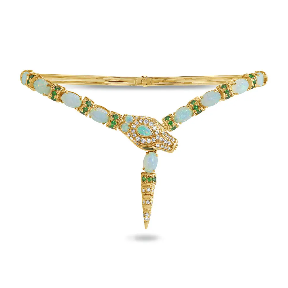 18K Yellow Gold Australian Opal/Tsavorite/Diamond Snake Bangle