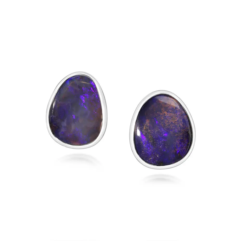 Sterling Silver Boulder Opal Plain Bezel Earrings