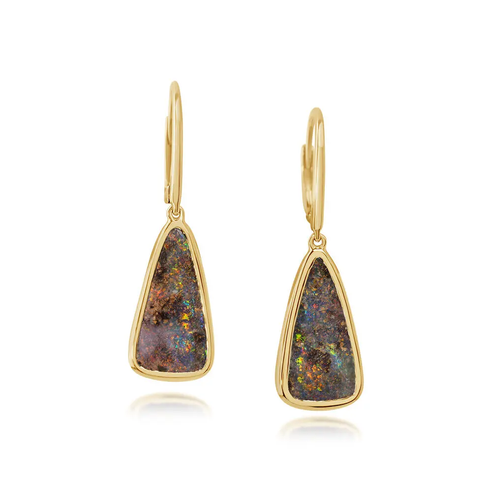 14K Yellow Gold Boulder Opal Plain Bezel Leverback Earrings 14K Yellow Gold Boulder Opal Plain Bezel Leverback Earrings