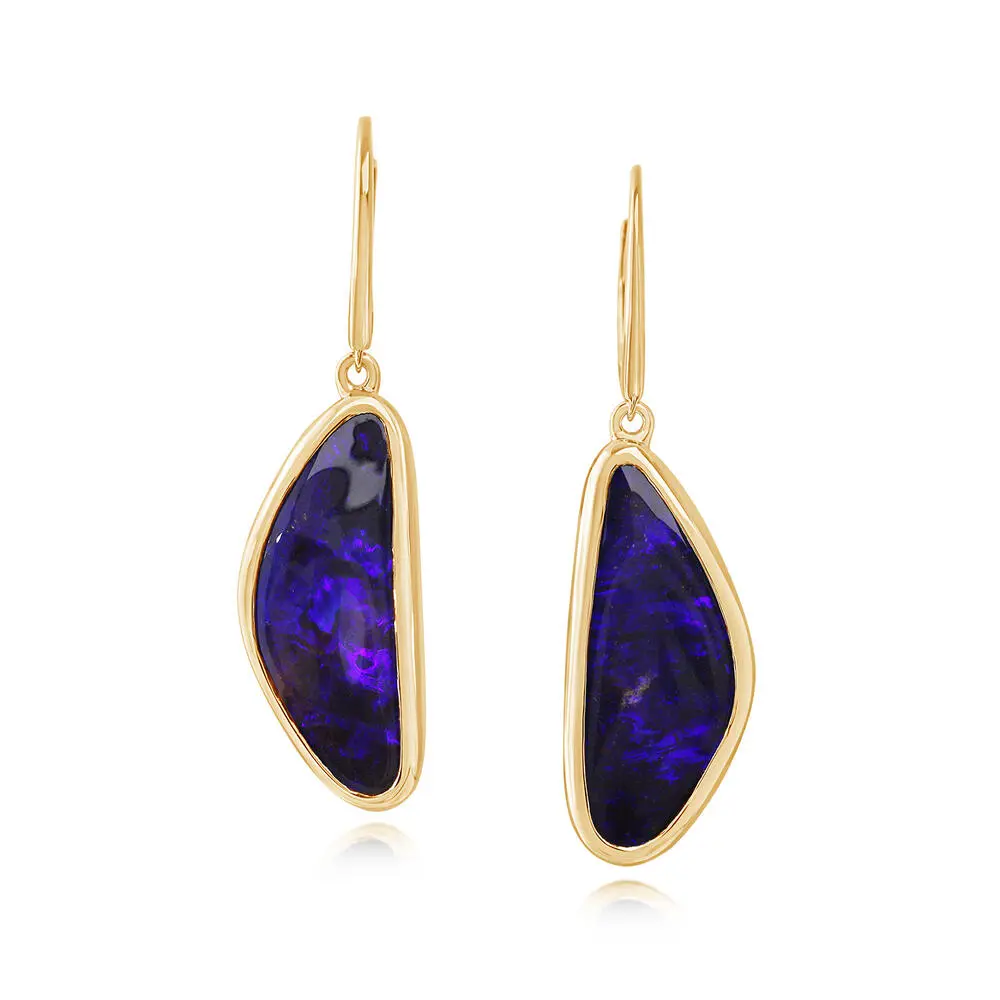 14K Yellow Gold Boulder Opal Plain Bezel Leverback Earrings