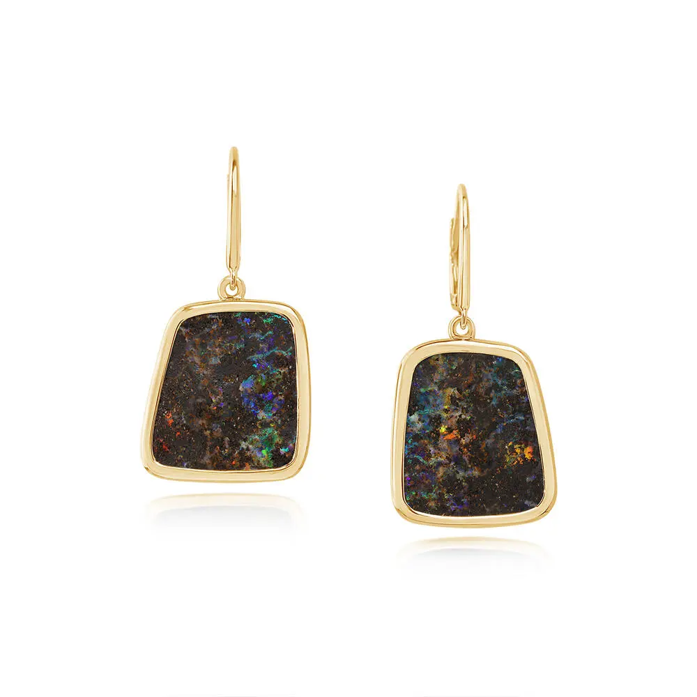 14K Yellow Gold Boulder Opal Plain Bezel Leverback Earrings