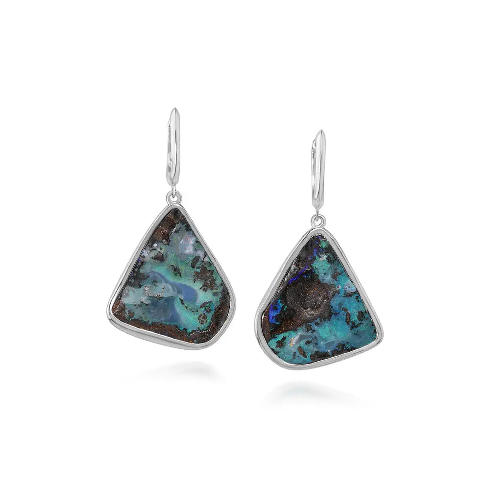 Silver Boulder Opal Plain Bezel Leverback Earrings