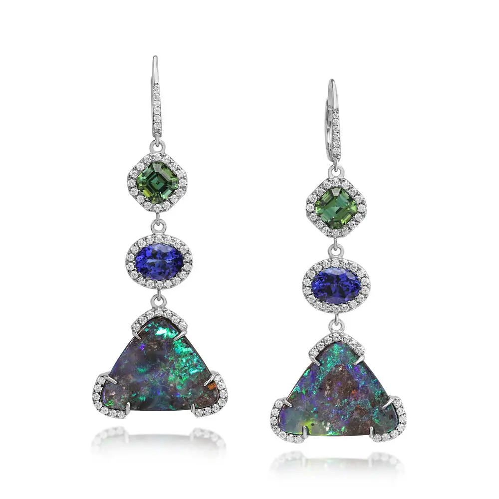 18K White Gold Boulder Opal/Blue-Green Tourmaline/Tanzanite/Diamond Earrings 18K White Gold Boulder Opal/Blue-Green Tourmaline/Tanzanite/Diamond Earrings