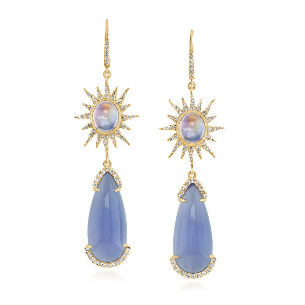 18K Yellow Gold Blue Chalcedony/Rainbow Moonstone/Diamond Earrings 18K Yellow Gold Blue Chalcedony/Rainbow Moonstone/Diamond Earrings