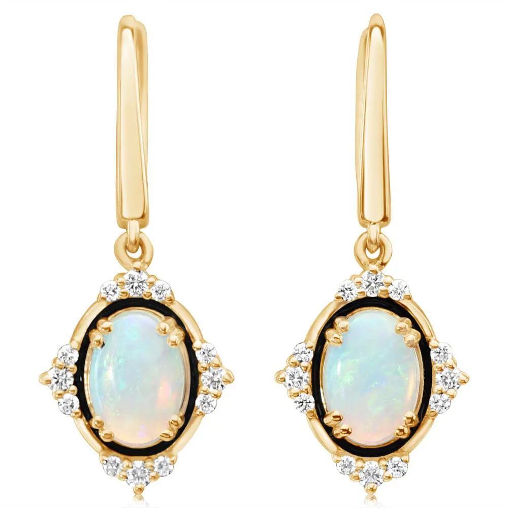 14K Yellow Gold Australian Opal/ Diamond Earrings with Black Enamel 14K Yellow Gold Australian Opal/ Diamond Earrings with Black Enamel