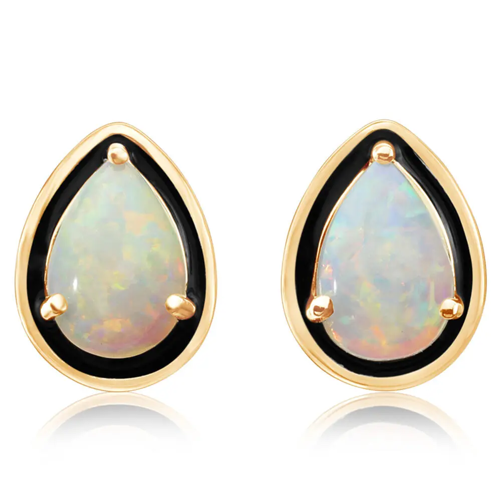 14K Yellow Gold Australian Opal Earrings with Black Enamel 14K Yellow Gold Australian Opal Earrings with Black Enamel