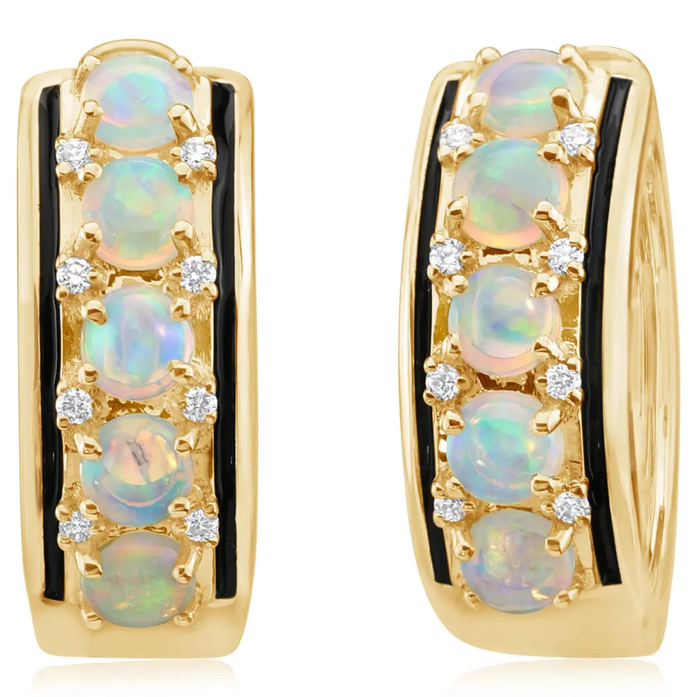 14K Yellow Gold Australian Opal/ Diamond Hoop Earrings with Black Enamel