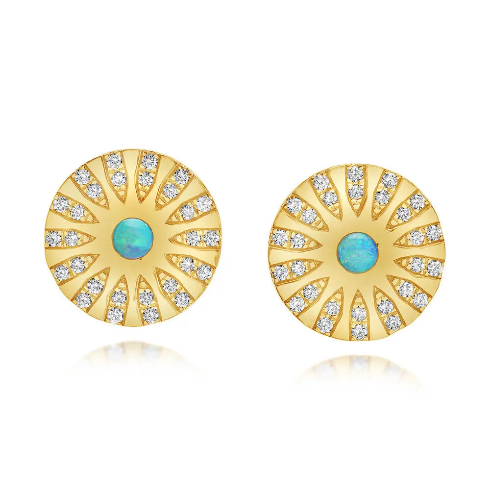 14K Yellow Gold Australian Opal/Diamond Medallion Earrings