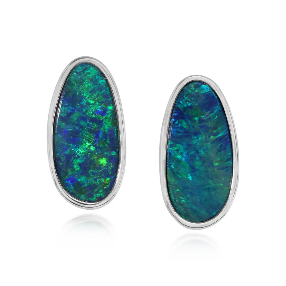 14K White Gold Australian Opal Doublet Small Plain Bezel Earrings 14K White Gold Australian Opal Doublet Small Plain Bezel Earrings