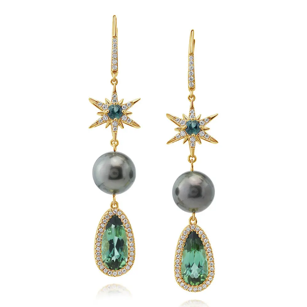 18K Yellow Gold Blue Green Tourm/Tahitian Pearl/Diamond Ear