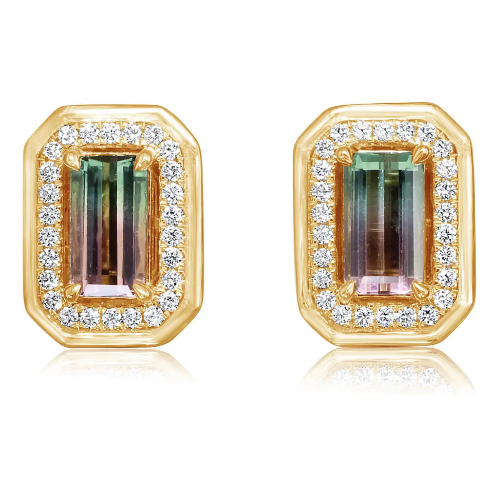 14K Yellow Gold Bi-Color Tourmaline/Diamond Earrings