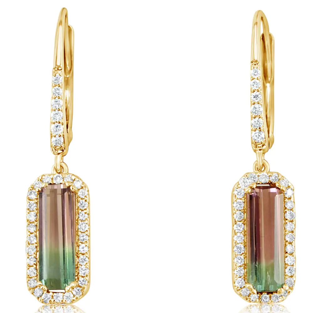 14K Yellow Gold Bi-Color Tourmaline/Diamond Earrings