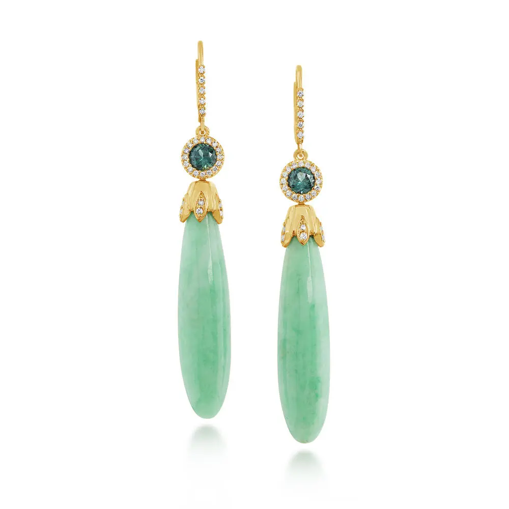 14K Yellow Gold Guatemalan Jade/Montana Sapphire/Diamond Earrings