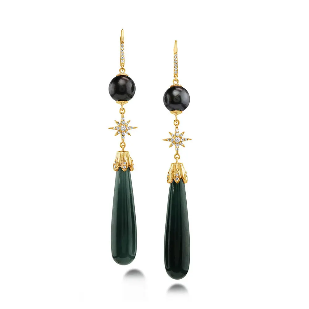18K Yellow Gold Guatemalan Jade/Tahitian Pearl/Diamond Earrings 18K Yellow Gold Guatemalan Jade/Tahitian Pearl/Diamond Earrings