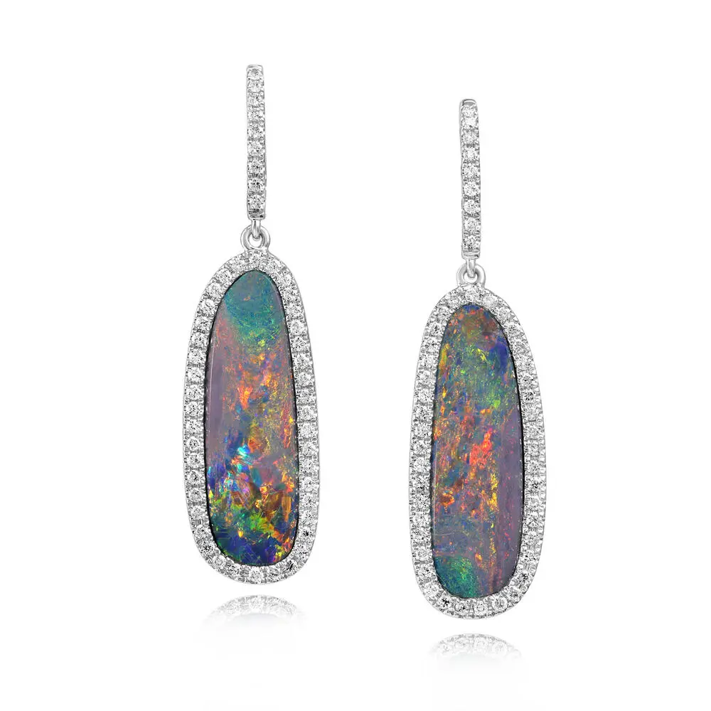 14K White Gold Australian Opal Doublet/Diamond Earrings