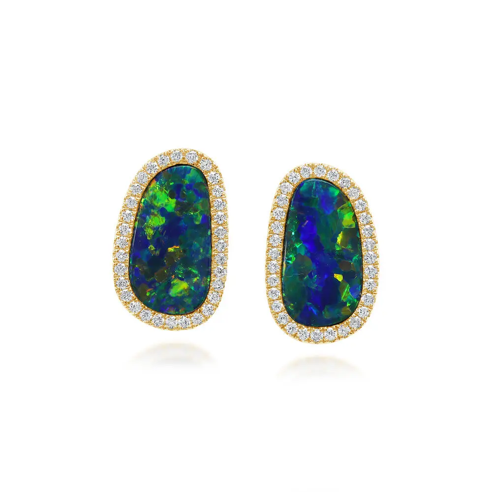 14K Yellow Gold Australian Opal Doublet/Diamond Earrings